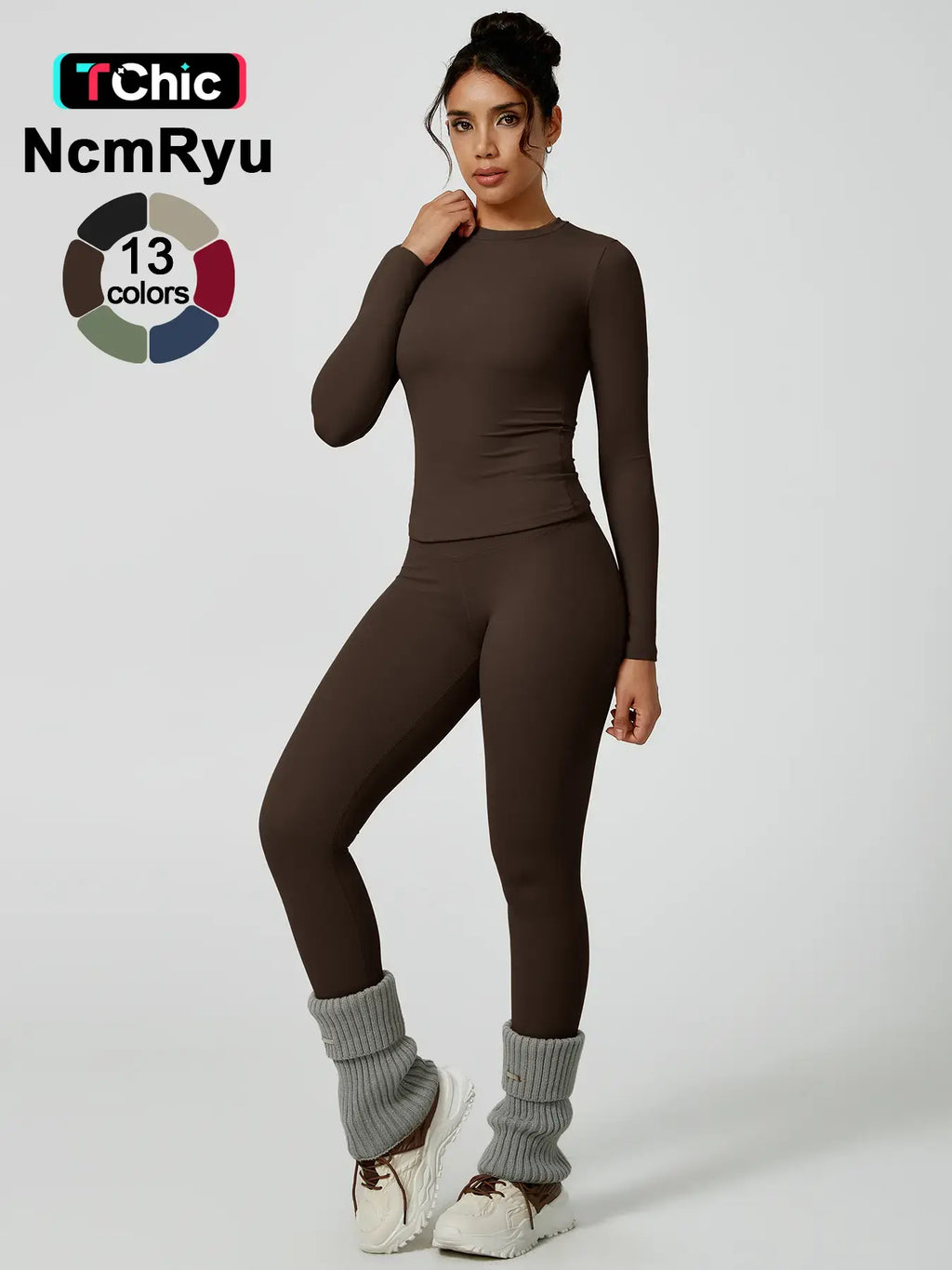 Two-Piece Set Women'S Patchwork High Elastic Soft round Neck Flat Shoulder Long Sleeve Slim Fit Beautiful Hip Tight Pants Yoga Clothes Suit Workout Running Clothes Four Seasons Outdoor Running Cycling Hiking Walking Shopping Fashion Suit Gym
