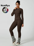 Two-Piece Set Women'S Patchwork High Elastic Soft round Neck Flat Shoulder Long Sleeve Slim Fit Beautiful Hip Tight Pants Yoga Clothes Suit Workout Running Clothes Four Seasons Outdoor Running Cycling Hiking Walking Shopping Fashion Suit Gym